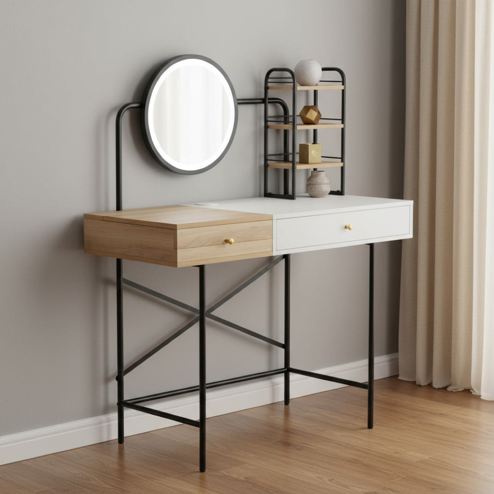 HomeRoots 41" Modern Black & White Wood Iron Vanity with Lighted Mirror, USB Charging, & Ample Storage Space 653864