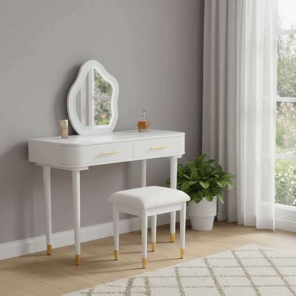 HomeRoots 45" White Wood Mirrored Vanity Table with Two Drawers, Integrated Power & Elegant Velvet Seating 653865
