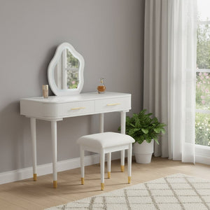 HomeRoots 45" White Wood Mirrored Vanity Table with Two Drawers, Integrated Power & Elegant Velvet Seating 653865
