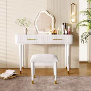 HomeRoots 45" White Wood Mirrored Vanity Table with Two Drawers, Integrated Power & Elegant Velvet Seating 653865