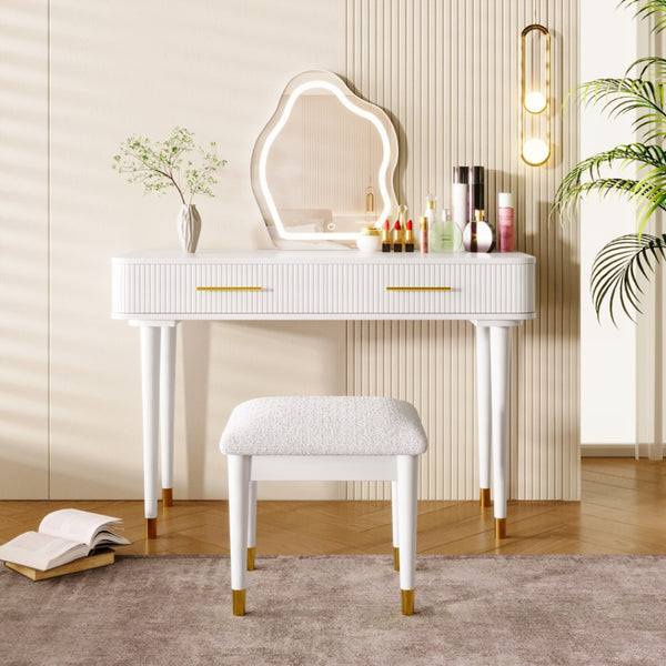 HomeRoots 45" White Wood Mirrored Vanity Table with Two Drawers, Integrated Power & Elegant Velvet Seating 653865