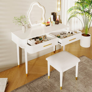 HomeRoots 45" White Wood Mirrored Vanity Table with Two Drawers, Integrated Power & Elegant Velvet Seating 653865
