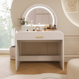 HomeRoots 43" White Wood Mirrored Vanity Table with Integrated Lights, Storage & Modern Glam Style for Your Space 653866