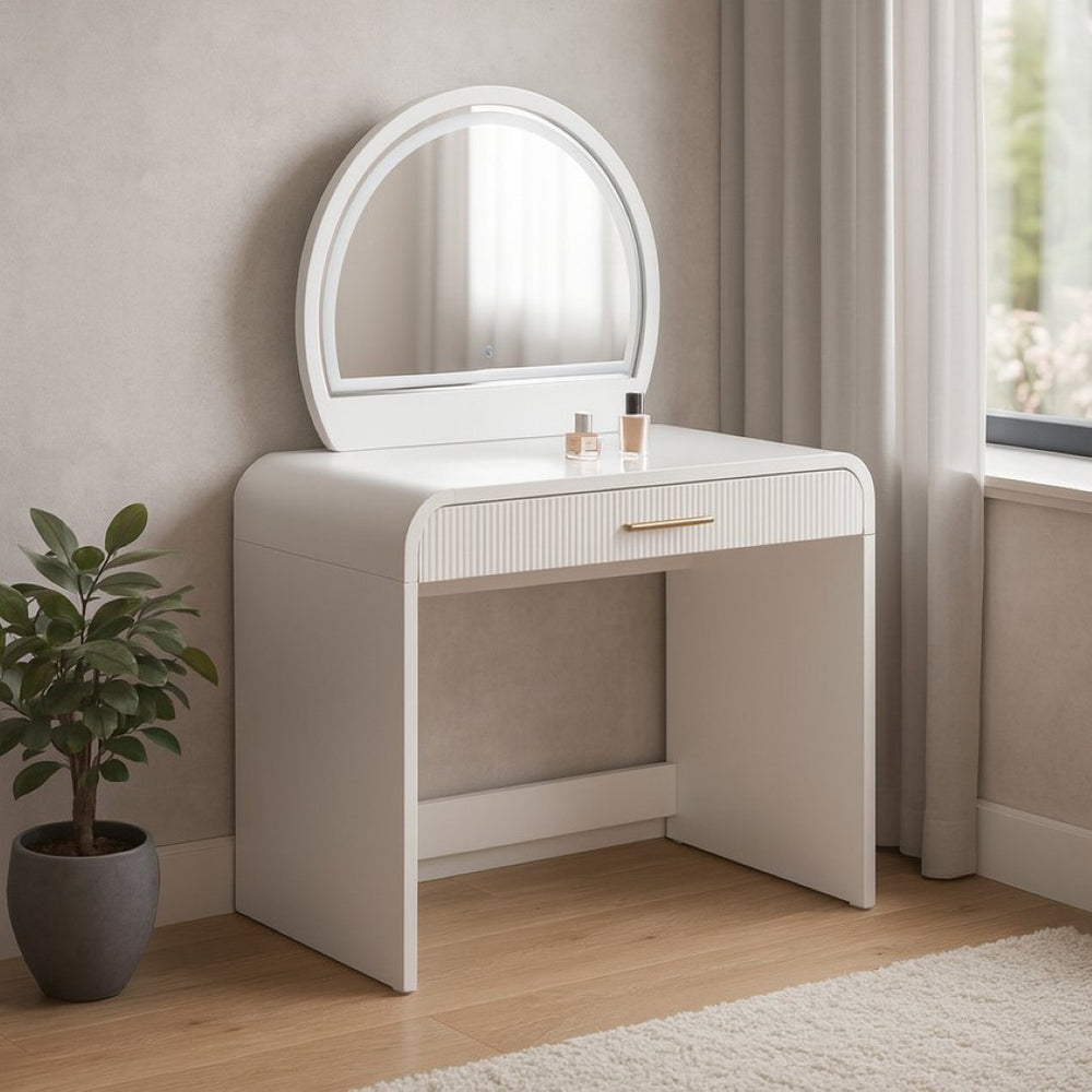 HomeRoots 43" White Wood Mirrored Vanity Table with Integrated Lights, Storage & Modern Glam Style for Your Space 653866