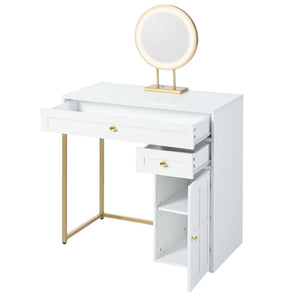HomeRoots 38" White and Gold Mirrored Vanity Table with LED Lights, Two Drawers, and Chic Modern Design 653867