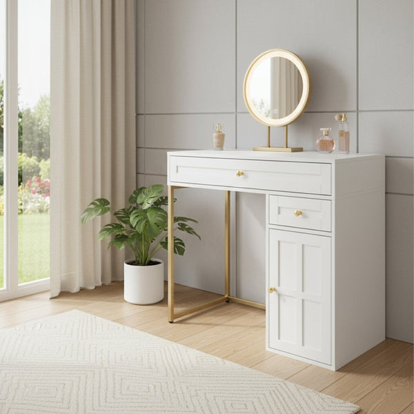 HomeRoots 38" White and Gold Mirrored Vanity Table with LED Lights, Two Drawers, and Chic Modern Design 653867