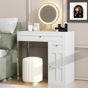 HomeRoots 38" White and Gold Mirrored Vanity Table with LED Lights, Two Drawers, and Chic Modern Design 653867