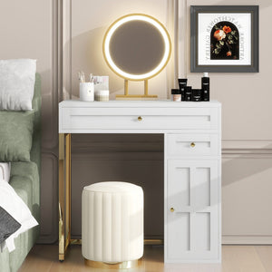 HomeRoots 38" White and Gold Mirrored Vanity Table with LED Lights, Two Drawers, and Chic Modern Design 653867