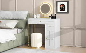 HomeRoots 38" White and Gold Mirrored Vanity Table with LED Lights, Two Drawers, and Chic Modern Design 653867