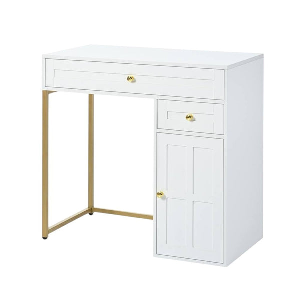 HomeRoots 38" White and Gold Mirrored Vanity Table with LED Lights, Two Drawers, and Chic Modern Design 653867