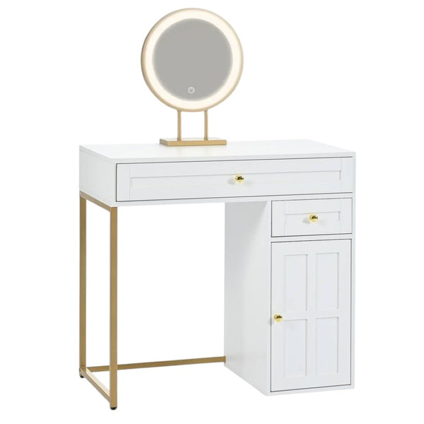 HomeRoots 38" White and Gold Mirrored Vanity Table with LED Lights, Two Drawers, and Chic Modern Design 653867