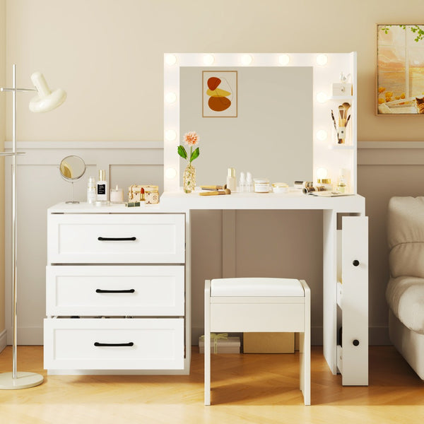 HomeRoots 42" White Wood Mirrored Vanity Table with Lights, Four Drawers & Built-in Outlet for Makeup Glamour 653868