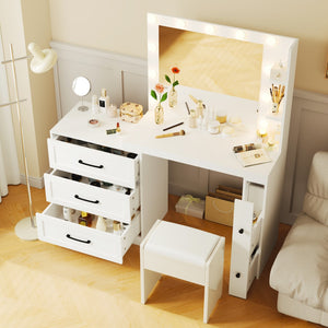 HomeRoots 42" White Wood Mirrored Vanity Table with Lights, Four Drawers & Built-in Outlet for Makeup Glamour 653868