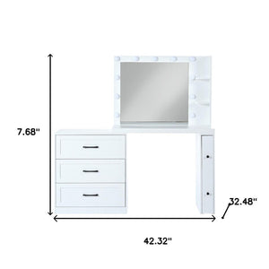 HomeRoots 42" White Wood Mirrored Vanity Table with Lights, Four Drawers & Built-in Outlet for Makeup Glamour 653868