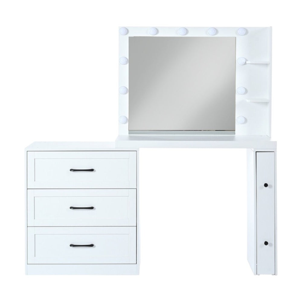 HomeRoots 42" White Wood Mirrored Vanity Table with Lights, Four Drawers & Built-in Outlet for Makeup Glamour 653868
