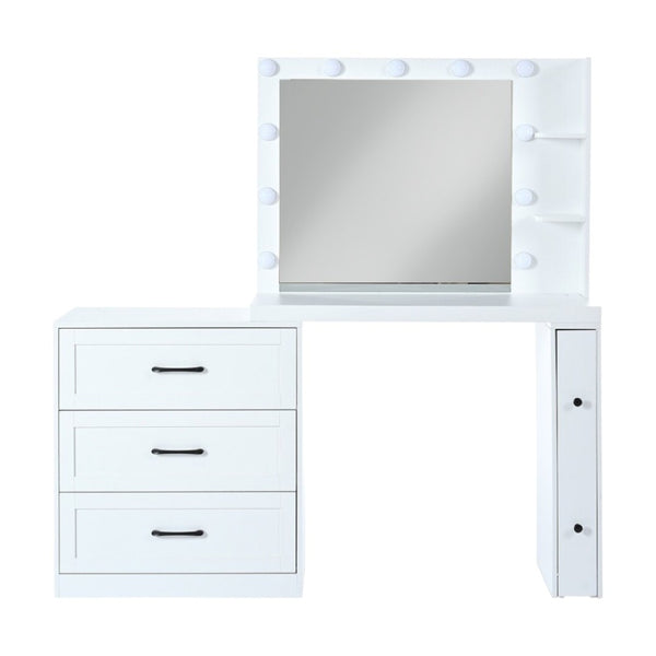 HomeRoots 42" White Wood Mirrored Vanity Table with Lights, Four Drawers & Built-in Outlet for Makeup Glamour 653868