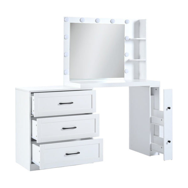 HomeRoots 42" White Wood Mirrored Vanity Table with Lights, Four Drawers & Built-in Outlet for Makeup Glamour 653868