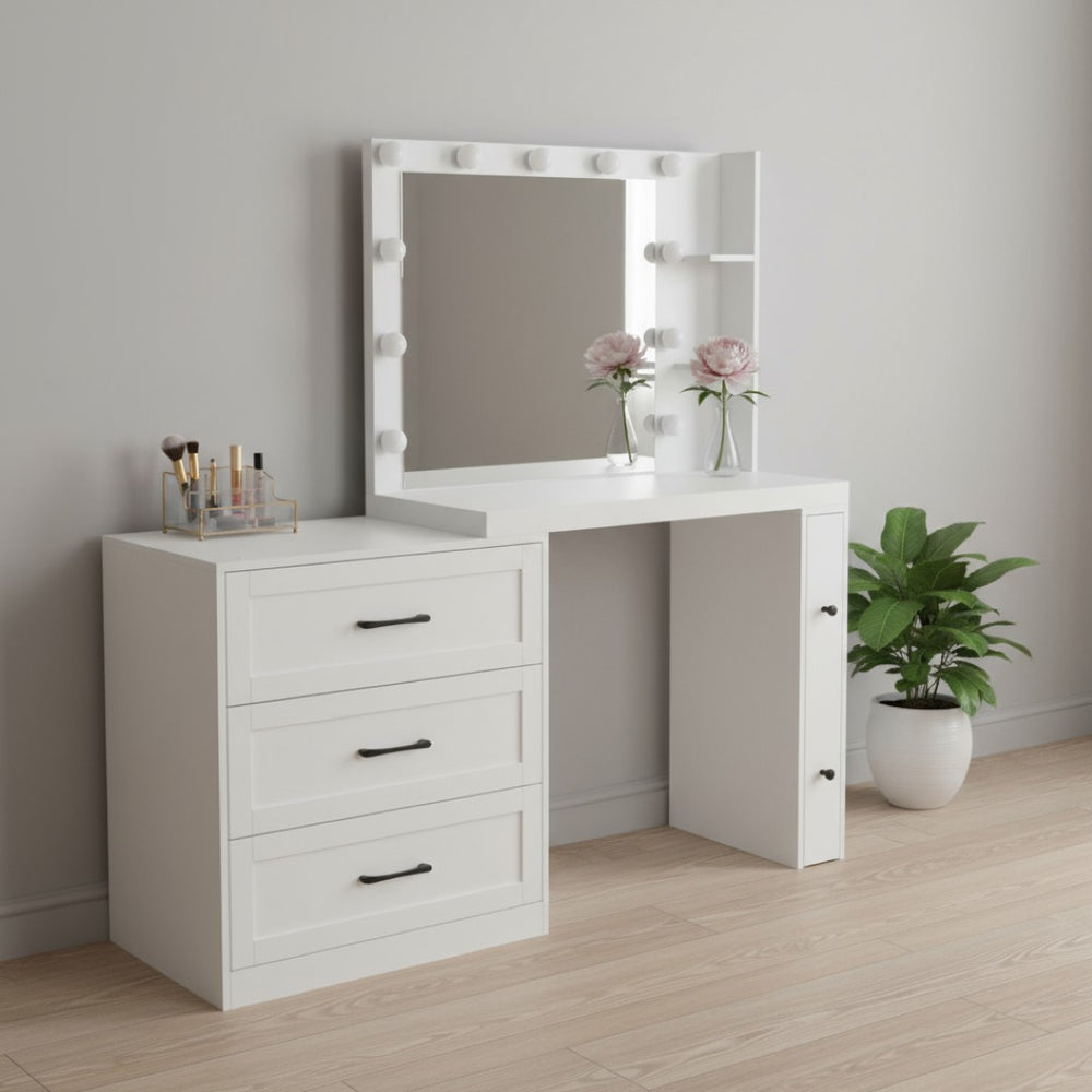 HomeRoots 42" White Wood Mirrored Vanity Table with Lights, Four Drawers & Built-in Outlet for Makeup Glamour 653868