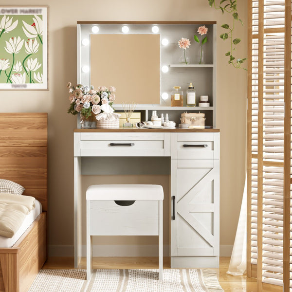 HomeRoots 38" White Wood Mirrored Vanity Table with Two Drawers, Lights & Velvet Seat for Beauty Routine Bliss 653869