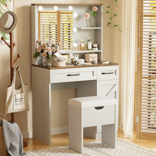 HomeRoots 38" White Wood Mirrored Vanity Table with Two Drawers, Lights & Velvet Seat for Beauty Routine Bliss 653869