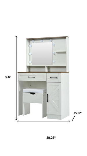 HomeRoots 38" White Wood Mirrored Vanity Table with Two Drawers, Lights & Velvet Seat for Beauty Routine Bliss 653869