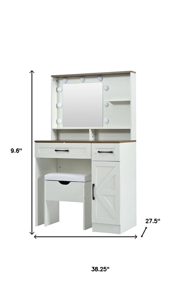 HomeRoots 38" White Wood Mirrored Vanity Table with Two Drawers, Lights & Velvet Seat for Beauty Routine Bliss 653869