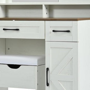HomeRoots 38" White Wood Mirrored Vanity Table with Two Drawers, Lights & Velvet Seat for Beauty Routine Bliss 653869