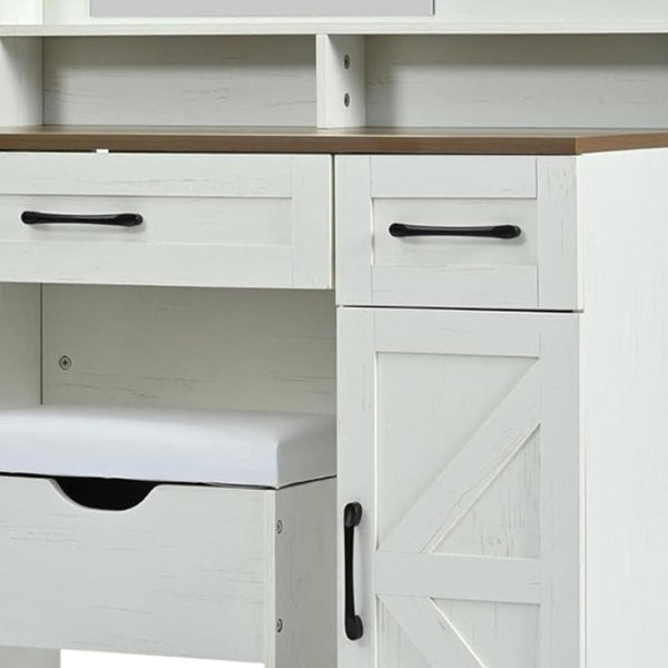 HomeRoots 38" White Wood Mirrored Vanity Table with Two Drawers, Lights & Velvet Seat for Beauty Routine Bliss 653869