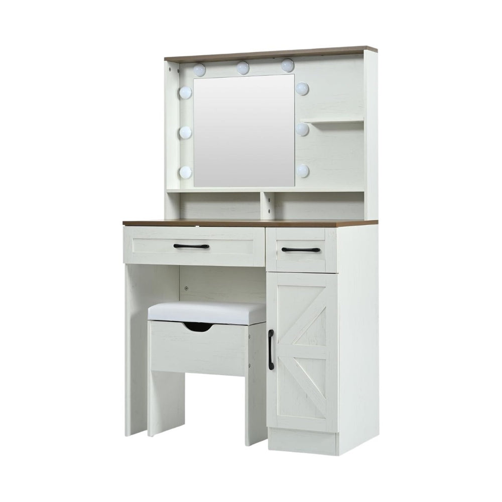 HomeRoots 38" White Wood Mirrored Vanity Table with Two Drawers, Lights & Velvet Seat for Beauty Routine Bliss 653869