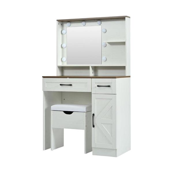 HomeRoots 38" White Wood Mirrored Vanity Table with Two Drawers, Lights & Velvet Seat for Beauty Routine Bliss 653869
