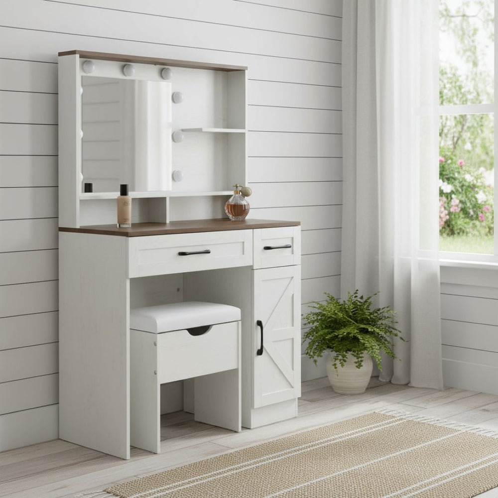 HomeRoots 38" White Wood Mirrored Vanity Table with Two Drawers, Lights & Velvet Seat for Beauty Routine Bliss 653869