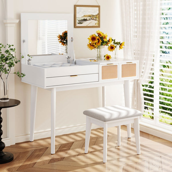 HomeRoots 48" White Wood Vanity Table with Mirror, Lights & Drawers - Elegant Design for Makeup & Grooming 653870