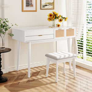 HomeRoots 48" White Wood Vanity Table with Mirror, Lights & Drawers - Elegant Design for Makeup & Grooming 653870
