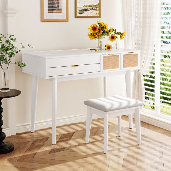 HomeRoots 48" White Wood Vanity Table with Mirror, Lights & Drawers - Elegant Design for Makeup & Grooming 653870