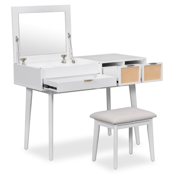 HomeRoots 48" White Wood Vanity Table with Mirror, Lights & Drawers - Elegant Design for Makeup & Grooming 653870