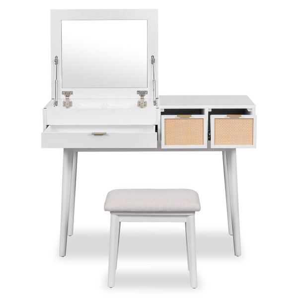 HomeRoots 48" White Wood Vanity Table with Mirror, Lights & Drawers - Elegant Design for Makeup & Grooming 653870