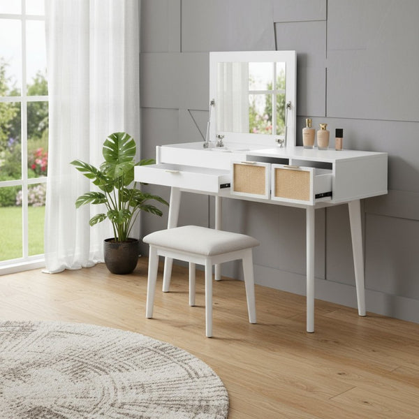 HomeRoots 48" White Wood Vanity Table with Mirror, Lights & Drawers - Elegant Design for Makeup & Grooming 653870