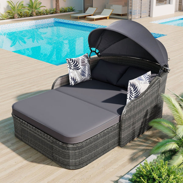 HomeRoots 80" Gray Faux Rattan Double Chaise Lounge Chair with Adjustable Canopy & Plush Cushions for Two 653871