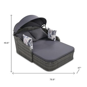 HomeRoots 80" Gray Faux Rattan Double Chaise Lounge Chair with Adjustable Canopy & Plush Cushions for Two 653871