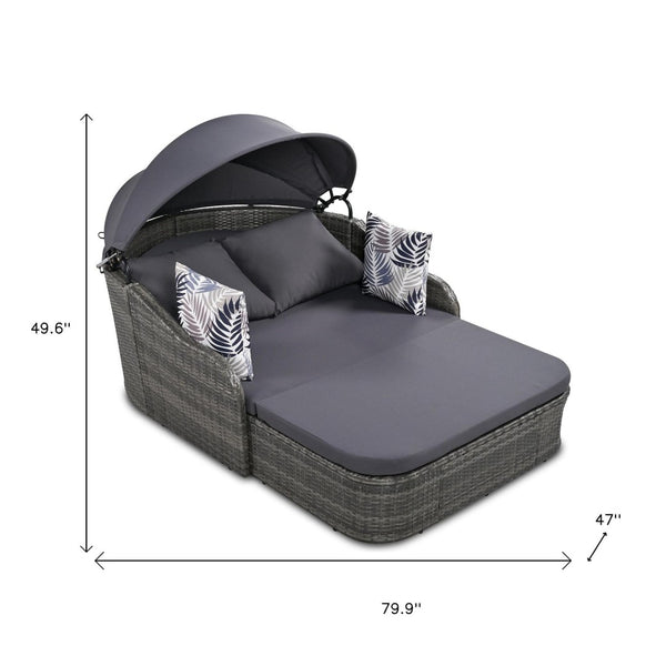 HomeRoots 80" Gray Faux Rattan Double Chaise Lounge Chair with Adjustable Canopy & Plush Cushions for Two 653871