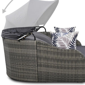 HomeRoots 80" Gray Faux Rattan Double Chaise Lounge Chair with Adjustable Canopy & Plush Cushions for Two 653871