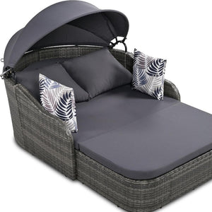 HomeRoots 80" Gray Faux Rattan Double Chaise Lounge Chair with Adjustable Canopy & Plush Cushions for Two 653871