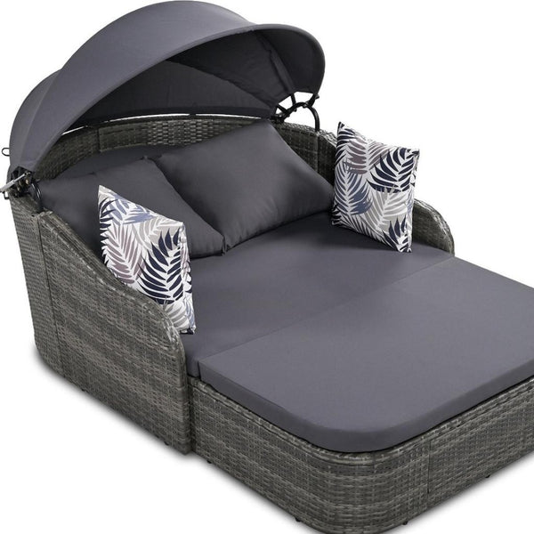 HomeRoots 80" Gray Faux Rattan Double Chaise Lounge Chair with Adjustable Canopy & Plush Cushions for Two 653871