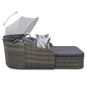 HomeRoots 80" Gray Faux Rattan Double Chaise Lounge Chair with Adjustable Canopy & Plush Cushions for Two 653871