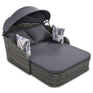 HomeRoots 80" Gray Faux Rattan Double Chaise Lounge Chair with Adjustable Canopy & Plush Cushions for Two 653871