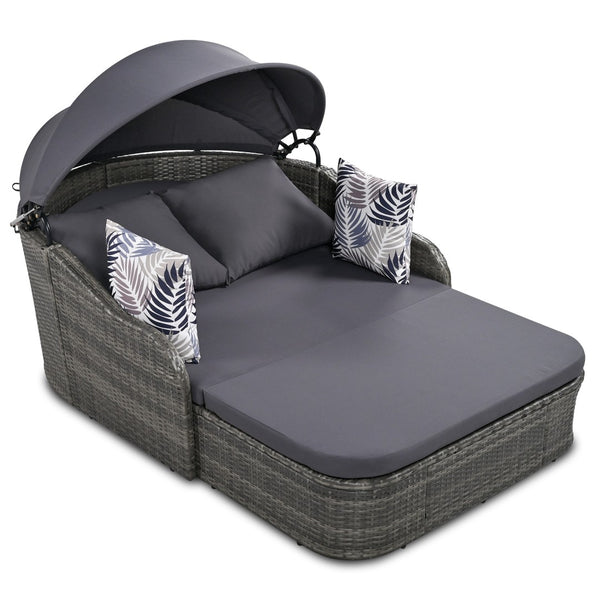 HomeRoots 80" Gray Faux Rattan Double Chaise Lounge Chair with Adjustable Canopy & Plush Cushions for Two 653871
