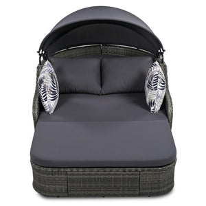 HomeRoots 80" Gray Faux Rattan Double Chaise Lounge Chair with Adjustable Canopy & Plush Cushions for Two 653871