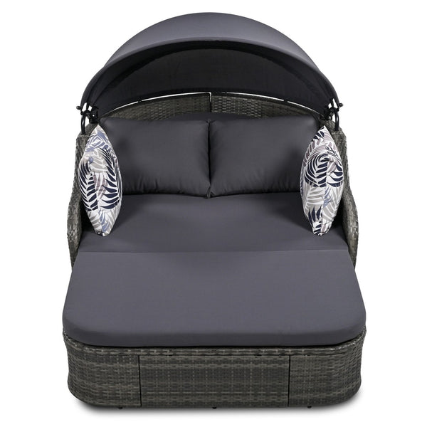 HomeRoots 80" Gray Faux Rattan Double Chaise Lounge Chair with Adjustable Canopy & Plush Cushions for Two 653871