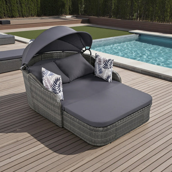HomeRoots 80" Gray Faux Rattan Double Chaise Lounge Chair with Adjustable Canopy & Plush Cushions for Two 653871