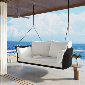 HomeRoots 40" Stylish Black Woven Rattan Outdoor Swing Chair with White Cushion - Perfect for Indoor & Patio Relaxation 653873